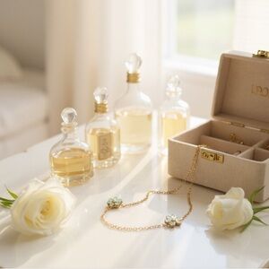 Gold Floral Necklace with Aqua Stones & Faux Pearls – Vintage Style Jewelry